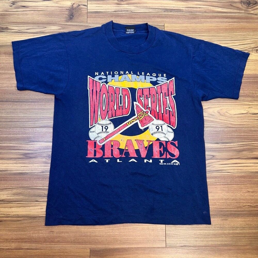Vintage 1991 Atlanta Braves World Series T-Shirt Mens Large Screen Stars Navy